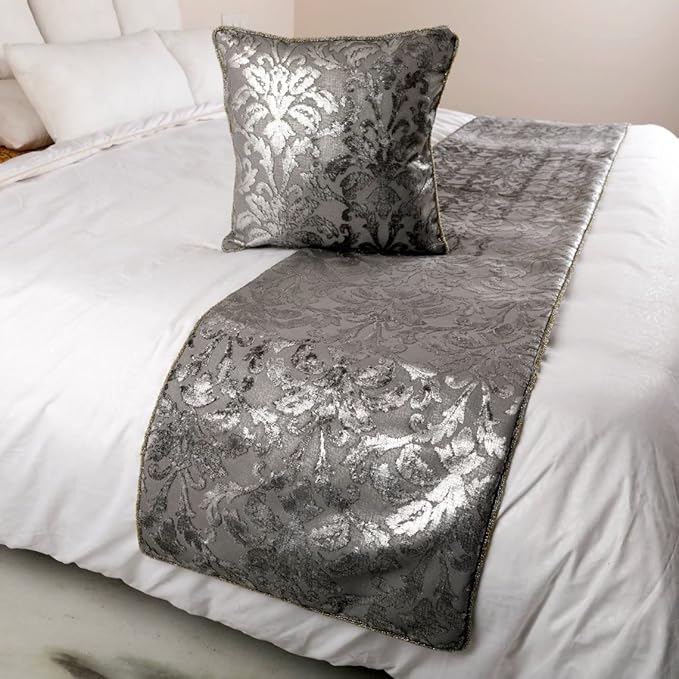 The HomeCentric Silver Bed Runner Without Pillow Cover, King Size 90"x18" Decorative Bed Runner, Silver & Grey Velvet Bed Scarf in Foil Velvet Bead Border - Silver Glitterati