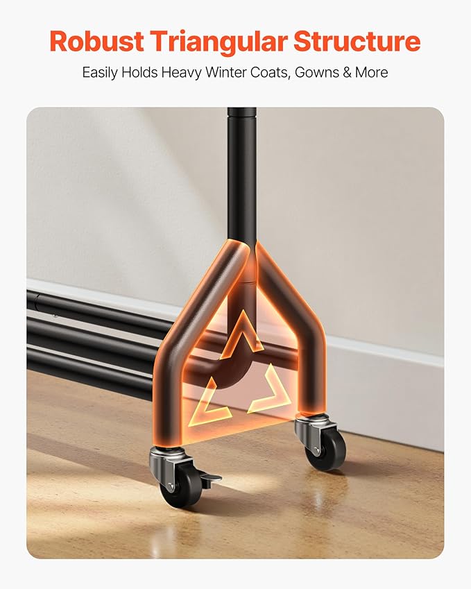 VEVOR Clothes Rack, Rolling Clothing Garment Rack with Hanging Rod and Side Hooks, 198 lbs Load Capacity, Heavy Duty Carbon Steel Clothing Racks with Wheels, Ideal for Bedroom, Laundry, Living Room