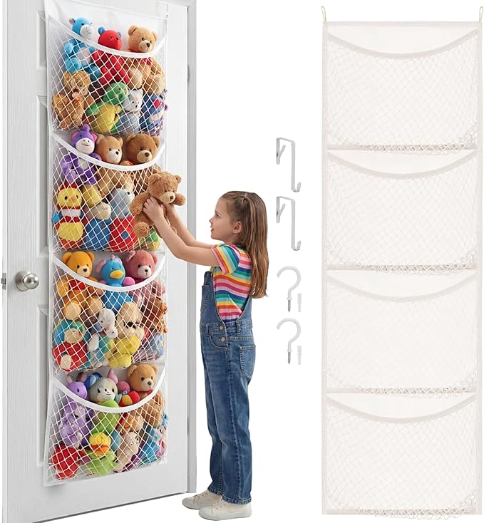 Ofiray-home Over The Door Stuffed Animal Storage, Cotton Toy Organizer for Storage Plush Toys, Stuffed Animal Holder with 4 Large Pockets, Hanging Door Organizer for Nursery, Bedroom (White)