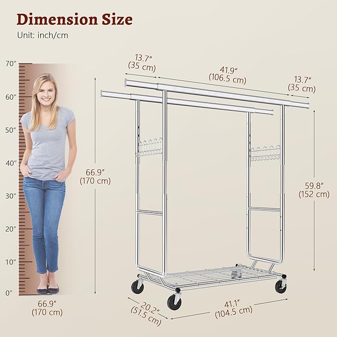 FAVOOSTY Heavy Duty Clothes Rack for Hanging Clothes Double Rods, Rolling & Extending Clothing Rack with Wheels, Garment Coat Rack Freestanding, Portable Clothes Rack, Sliver
