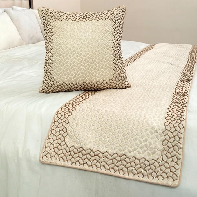 The HomeCentric King/Queen/Twin Ivory & Gold Designer Queen 74"x18" Bed Runner Without Pillow Cover, Mosaic & Beaded Bed Scarf on Jacquard Fabric - Tessellation