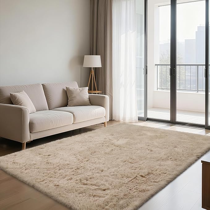 Fluffy Rug Shaggy Area Rug, Beige 4x6 Area Rugs for Bedroom, Small Bedside Rug, Soft Fluffy Shaggy Entryway Throw Rugs for Living Room Bedroom Kids Room Home Decor