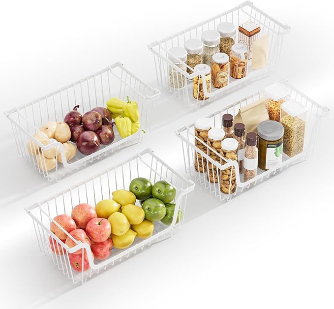 4 Pack Stackable Wire Baskets with Handles for Pantry Organizers and Storage, Fruit and Vegetable wire storage baskets, Potato and Onion Storage Bin, Metal Baskets for Organizing Snacks, Cans (White)