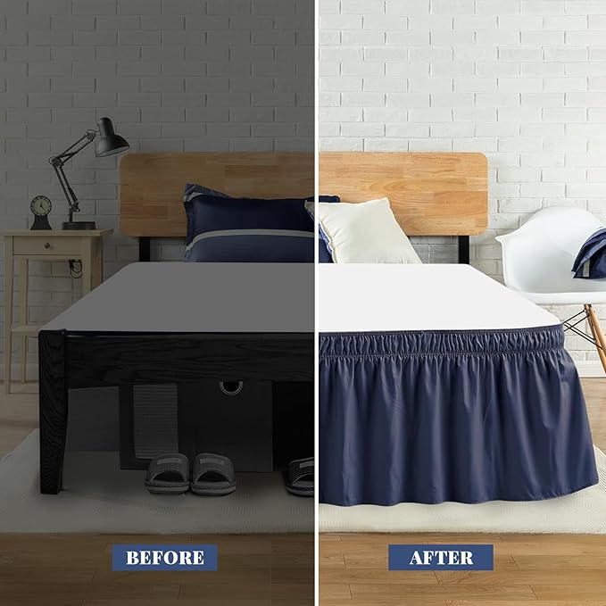 King Bed Skirt, Elastic Wrap Around Bed Skirt King Size, Bed Skirts for Adjustable Bed, Easy Fit with 18" Drop Length Tailored Drop Dust Ruffle (Navy)