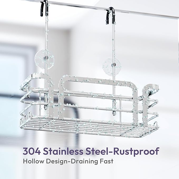 SWTYMIKI Shower Caddy Hanging Organizer - Over the Door Shower Caddy with 6 Hooks, 2 Installation Ways, Stainless Steel Rustproof Bathroom Organizer, Silver