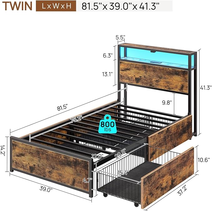 Rolanstar Twin Bed Frame with 4 Storage Drawers, Charging Station and LED Lights