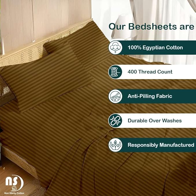 NON Sticky cotton Twin Size Sleeper Sofa Sheets, 4 Piece Egyptian Cotton Bed Sheet Set for Sofa Bed, 10" Deep Pocket for Pull Out Couch Mattress, 39" x 75", Taupe Stripe, Soft & Breathable