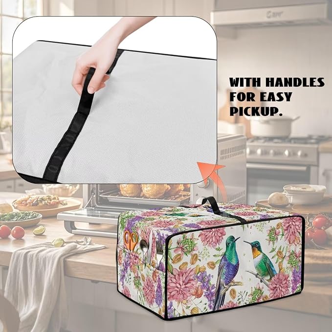 Toaster Oven Dust Cover for Countertop Convection Ovens, Dustproof Small Electrical Appliance Protector Kitchen Decor, M, 16.5 x 20.5 x 10 Inches, Hummingbird Pink Flower Creamy White