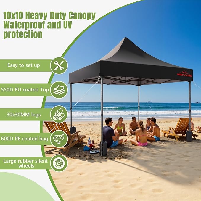 10x10 Heavy Duty Pop Up Canopy with 4 Sidewalls, 550D Commercial Easy Up Canopy Tent, Waterproof Outdoor Party Event Tent with Roller Bag, Black
