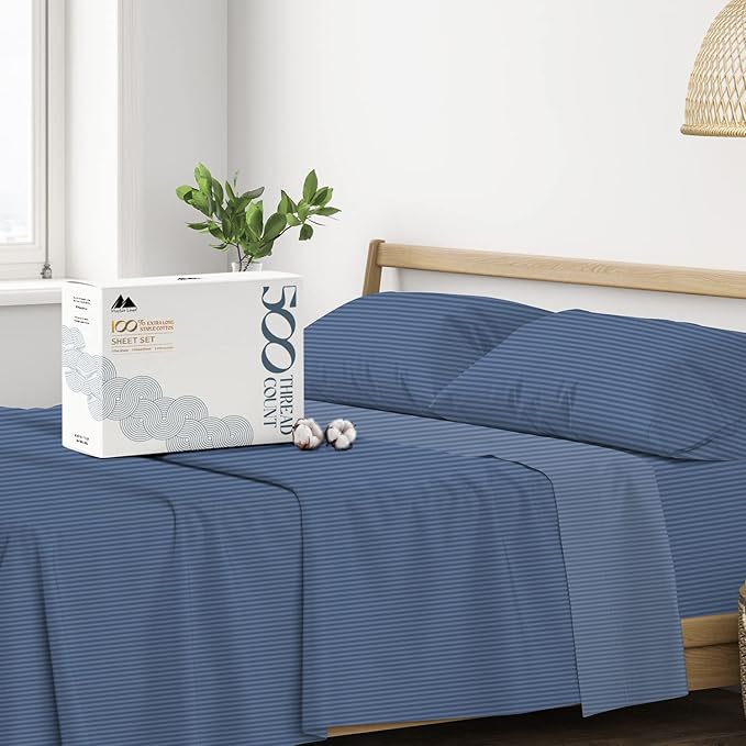 Mayfair Linen 100% Cotton Striped Sheets Queen Size Bed Set - 500 Thread Count Damask Sheets Queen Size 4 PC Set (Light Blue Stripe), Soft, Cooling, Sateen Weave Hotel-Quality 16" Deep Pocket Bedsheet