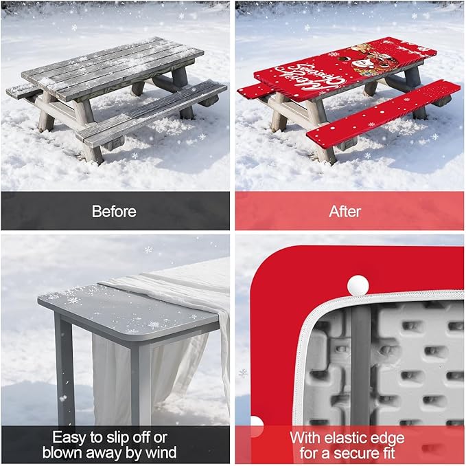 Picnic Table Cover with Bench Covers Set of 3, Elastic Fitted Tablecloth for 6 Foot Tables, Washable Polyester Tablecloths for Camping, Indoor & Outdoor