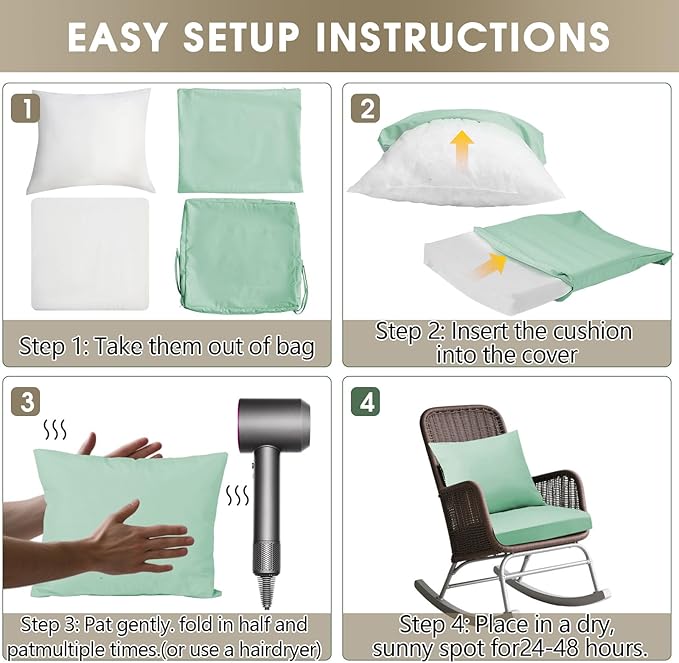 Outdoor Seat Cushion Set 24 x 24 In, Water-Resistant & Fade-Resistan, Patio Furniture Cushions with Removable Cover Deep Seat & Back Cushion with Handle and Adjustable Straps for Chair Sofa,4PC