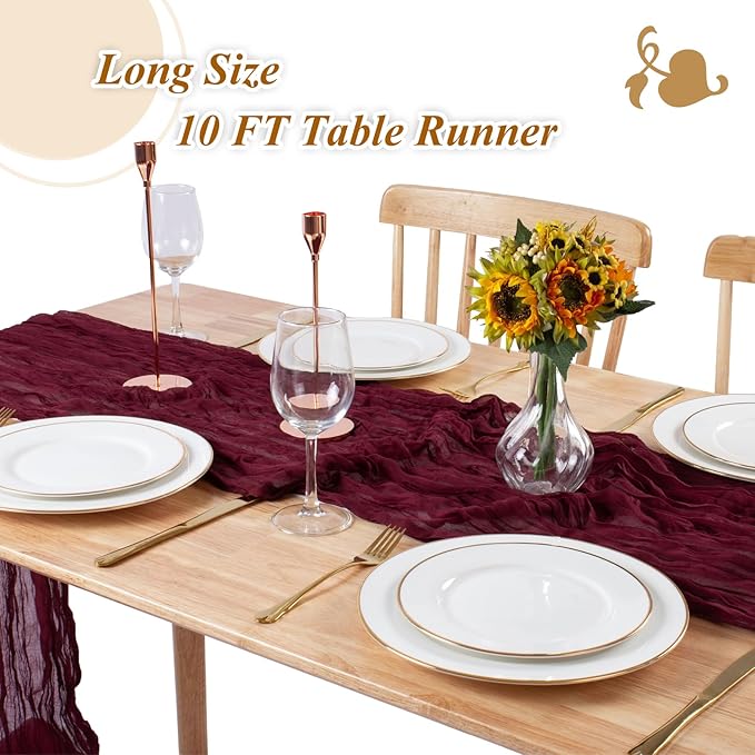 Burgundy Cheesecloth Table Runner 10FT Boho Rustic Sheer Cheese Cloth Table Runners 120 Inch Gauze Table Decorations for Wedding Party Bridal Shower Birthday Home Decor