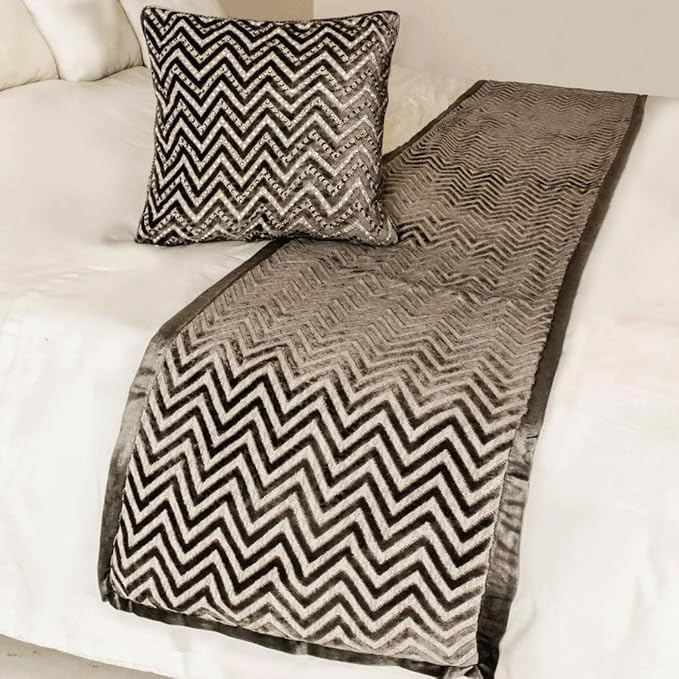 The HomeCentric King Queen Twin Grey Decorative Queen 74"x18" Bed Runner with Pillow Cover, Crystals Bed Scarf on Velvet Fabric - Grey Crystal Chevy