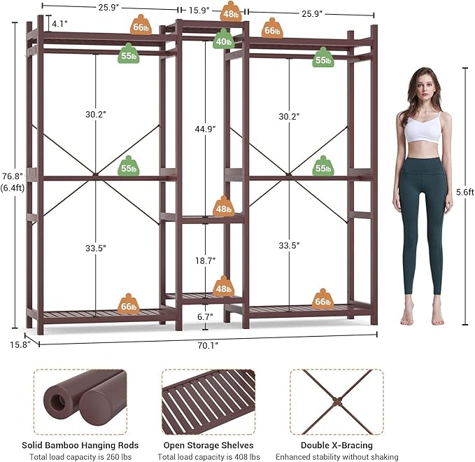 Homykic Bamboo Closet System Clothes Rack, Large Freestanding Garment Rack Clothing Rack for Hanging Clothes with 7 Storage Shelves and 5 Rods, Open Wardrobe Organizer with 4 Hooks, Espresso
