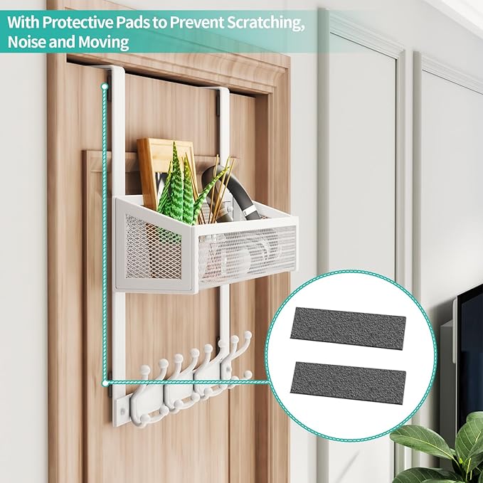 HapiRm Over The Door Hanger - Over The Door Hooks with Mesh Basket and 16 Hooks, 304 Stainless Steel Storage Organizer for Bathroom, Bedroom, Kitchen-White