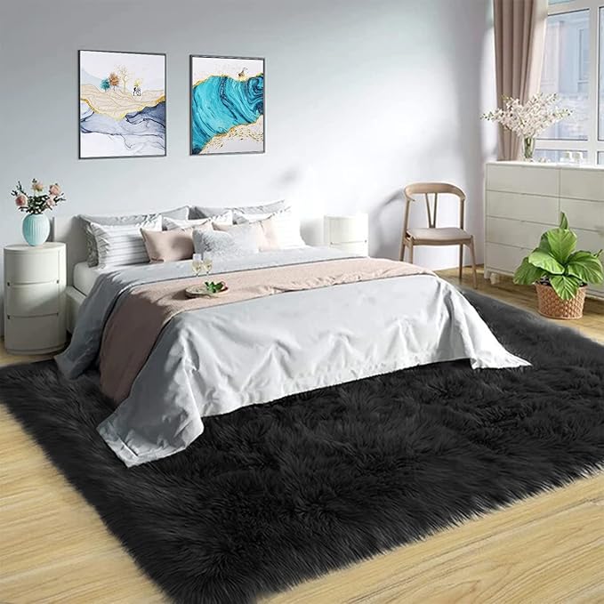 Latepis Large Black Rug Big Rugs for Bedroom 6.7x10 Area Rug Faux Sheepskin Fur Rug for Living Room Entertainment Room Office Bedroom Luxury Home Decor