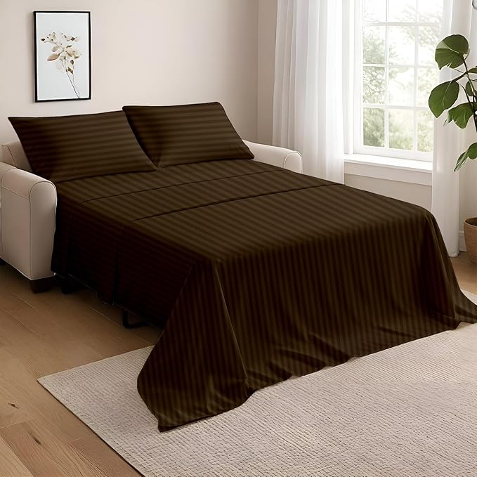 NON Sticky cotton Queen Size Sleeper Sofa Sheets, 4 Piece Egyptian Cotton Bed Sheet Set for Sofa Bed, 6" Deep Pocket Fitted Sheet for Pull Out Couch Mattress, 60" x 75", Chocolate Stripe