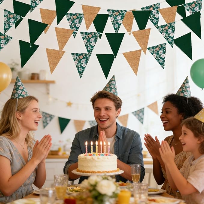 Zwiebeco 39Ft Dark Green Floral Fabric Pennant Banner Vintage Burlap Triangle Flag Retro Flower Bunting Party Decoration for Birthday Engagement Wedding Bridal Baby Shower Rustic Village Garden Decor