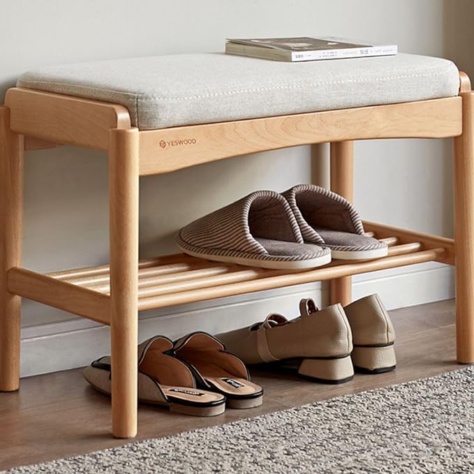 Solid Wood Shoe Bench Assembled, Shoe Rack Bench with Cushion for Entryway, Living Room, Bedroom, Hallway, 11.8" x 23.6" x 16.5", Natural