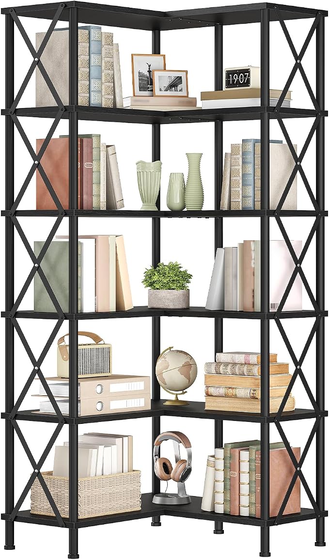 HOOBRO Corner Bookshelf, 6-Tier L-Shaped Bookcase, Industrial Open Display