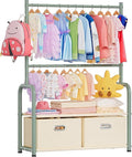 Kids Clothes Rack with 2 Tier Storage Racks and 2 Adjustable Hanging Poles, Small Baby Closet Organizer for Hanging Clothes, Kids Dress Up Rack (Upgrad, Green)
