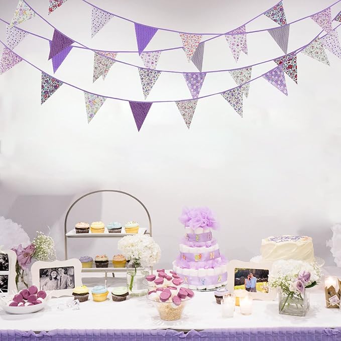 Zwiebeco 39Ft Purple Floral Fabric Bunting Banner Triangle Flag Party Decorations Hanging Cotton Rustic Vintage Flowers Garland Pennant for Wedding Birthday Tea Nursery Home Outdoor Garden Supplies