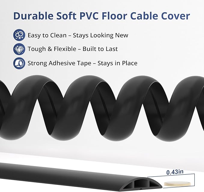 ZhiYo 3.6ft Cord Covers for Wires on Floor, Cord Hider Floor Hide Extension Cords, Soft PVC Cable Cover Cable Protector, Wire Cavity W0.62in H0.31in, White