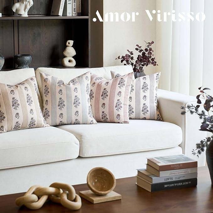 Amor Virisso Floral Throw Pillow Covers 24x24 Set of 2 Block Print Pillow Covers Neutral Floral Striped Farmhouse Decorative Pillow Covers for Sofa Couch Bed, Red
