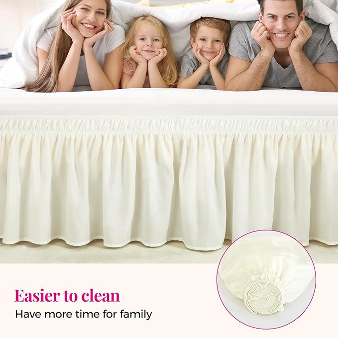RIMELA Queen Bed Skirt 14 Inch Drop Cream, Wrap Around Elastic Bed Skirts Queen Size Dust Ruffle, Bedskirt for Adjustable Bed Base Solid Silky Fabric Machine Washable Easy to Install