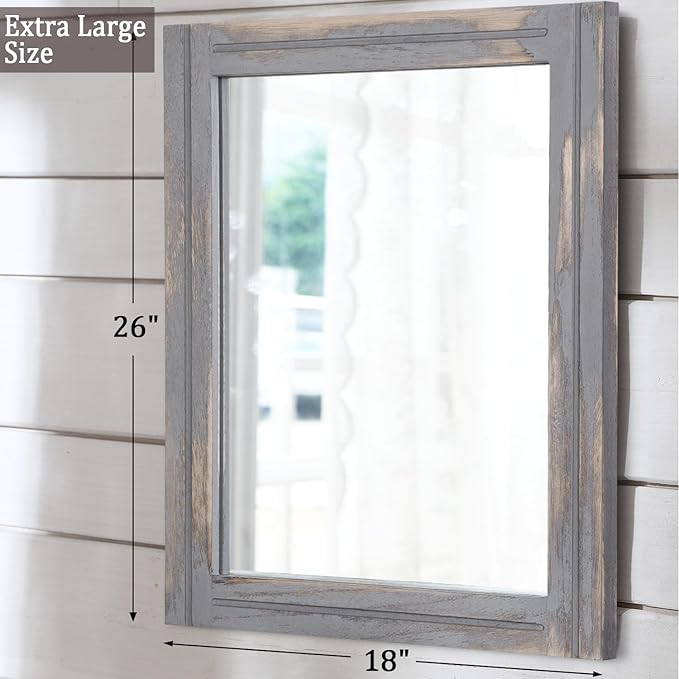 AAZZKANG Wood Framed Mirror Rectangular Rustic Wall Mirrors Decorative Large 26"x18" for Farmhouse Bathroom Living Room Bedroom Grey
