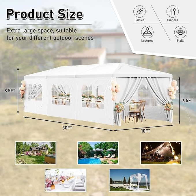 10x30 FT Heavy Duty Party Tent, Outdoor Wedding Canopy Tents with Removable Sidewalls, for Parties, Canopy Event Tent Waterproof Gazebo Shelter for Birthday Parties, Weddings, BBQs & Events (8 Sides)
