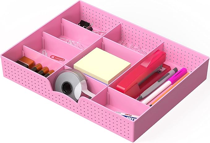 Simple Houseware Drawer Organizer Tray with 9 Adjustable Compartments, Pink