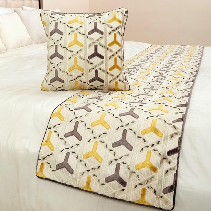The HomeCentric King/Queen/Twin Grey & Yellow Designer CA King 86"x18" Bed Runner with 2 Pillow Cover, Beaded Bed Scarf on Velvet Fabric - Tripod
