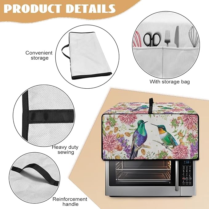 Toaster Oven Dust Cover for Countertop Convection Ovens, Dustproof Small Electrical Appliance Protector Kitchen Decor, M, 16.5 x 20.5 x 10 Inches, Hummingbird Pink Flower Creamy White