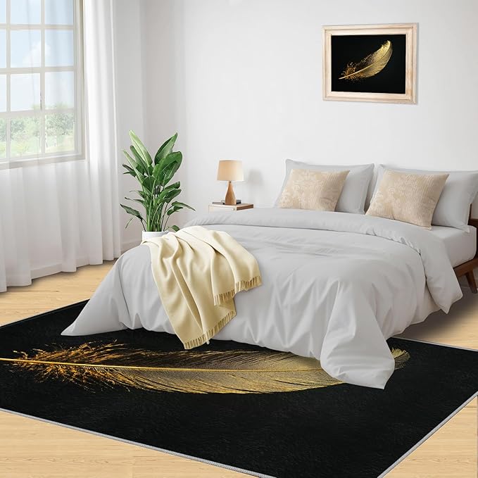 Golden Feathers Rugs for Bedroom - 6x8 Area Rug - Black Gold Feathers Rugs for Living Room, Modern Minimalist Art Rug, Washable Home Decor Carpet