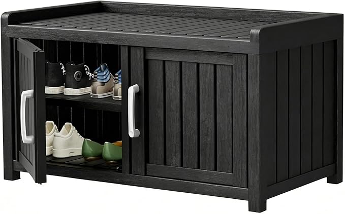 2-Tier Storage Bench, 2 Doors Waterproof Resin Shoe Bench with Adjustable Shelves - Entryway Bench with Seating, Indoor & Outdoor Use for Bedroom, Hallway, Living Room, Black