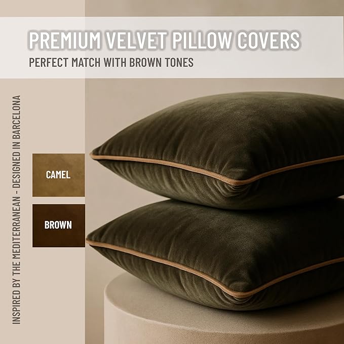2 Pack Velvet Decorative Throw Pillow Covers, 18"x18", Green and Camel, Solid, Modern, Contrast Piping, Indoor Use, Bedroom & Living Room
