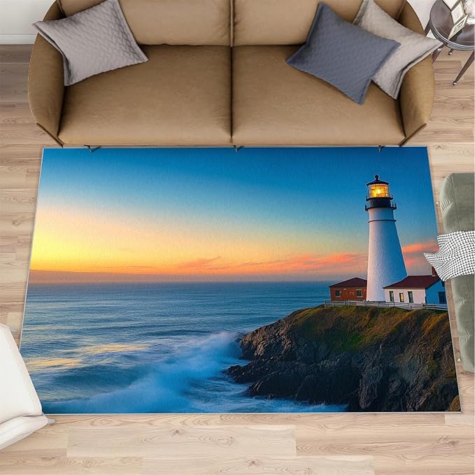Coastal Rugs for Bedroom - 4x5 Area Rug - Ocean Lighthouse Rugs for Living Room, Sunset Ocean Scenery Rug, Non-Slip Washable Home Decor Carpet