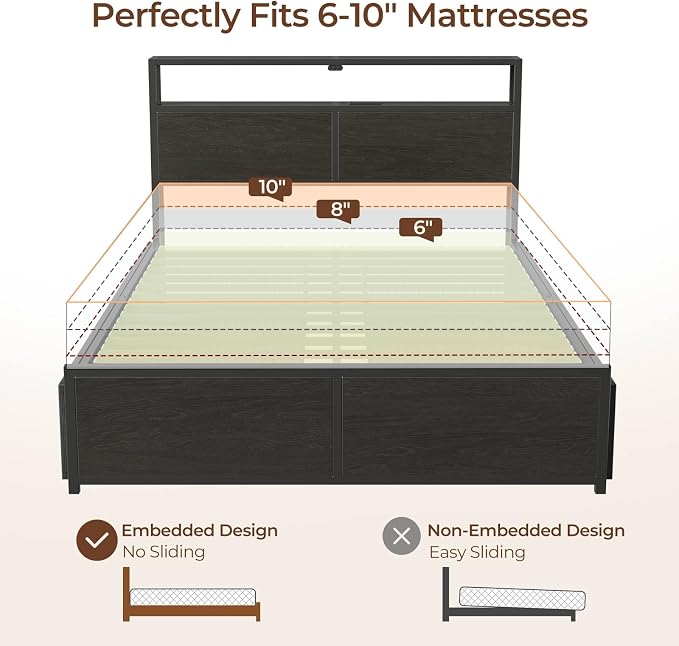 Rolanstar Queen Bed Frame with 4 Storage Drawers & 2-Tier Storage Headboard