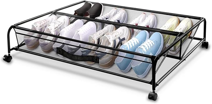 Under Bed Shoe Storage with Wheels, Space Saving Shoe Organizer with Sturdy Metal Frame & Breathable Mesh, Suitable Under The Bed, Sofa and Desk, 1 Pack