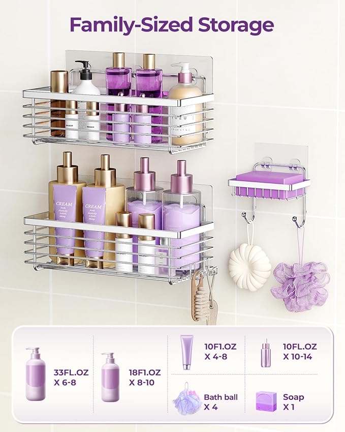 ODesign Shower Caddy 3 Pack SUS304 Stainless Steel-No Drilling-Shower Bathroom Shelves Rack,Rustproof Wall Mounted,Adhesive Shower Shelf Basket Organizer-Silver