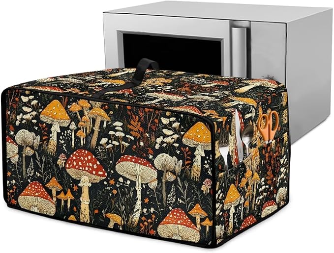 Dustproof Toaster Oven Cover Polyester-Linen Fabric Microwave Oven Dust Cover Foldable Kitchen Appliance Protector Dirt and Fingerprint Protection, Vintage Mushroom Plant Print, L
