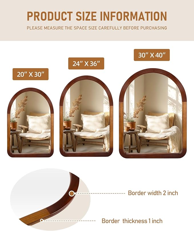 Arched Mirror 24 x 36 Inch,Brown Wood Rustic Bathroom Tempered Wall Mirror with Wood Frame,Round Corner Arch Farmhouse Wooden Vanity Mirror for Living Room,Entryway or Bedroom（Walnut Brown）