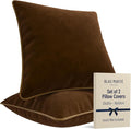 2 Pack Velvet Decorative Throw Pillow Covers, 20"x20", Brown and Camel, Solid, Modern, Contrast Piping, Indoor Use, Bedroom & Living Room