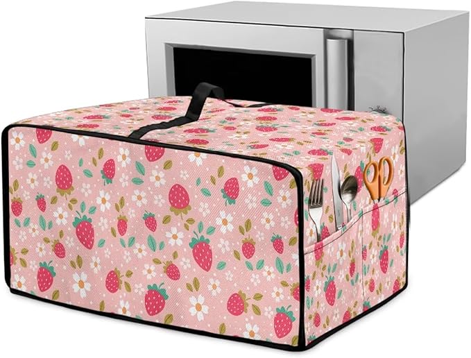 Pink Strawberry Cherry Blossom Print Microwave Oven Dust Cover Toaster Oven Cover Foldable Polyester-Linen Fabric Small Appliance Dust Covers Suitable for Most Microwave Ovens, S