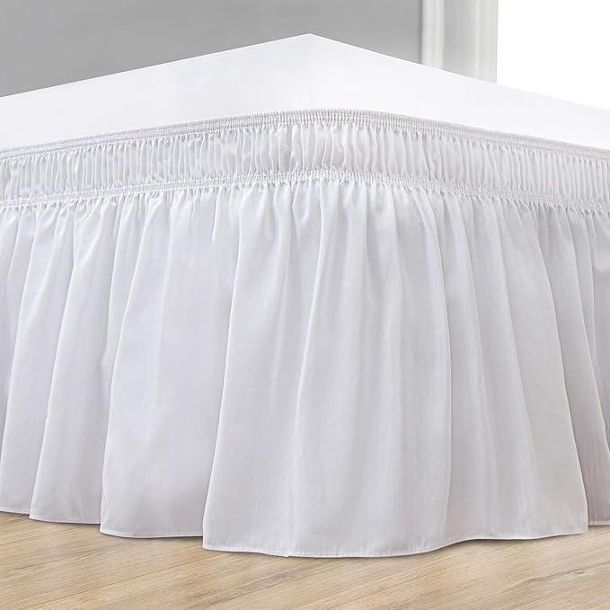 White Wrap Around Bed Skirts with 16" Drop - Three Sides Fabric Adjustable Elastic Dust Ruffle Silky Soft -600 TC Stretchy Bed Skirt-Queen XL(60"X 84") White