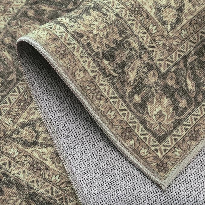 2x7 Washable Brown Runner Rug Vintage Hallway Kitchen Carpet Non-Slip Soft Low Pile Distressed Throw Rug for Bedroom Bathroom Laundry Living Room