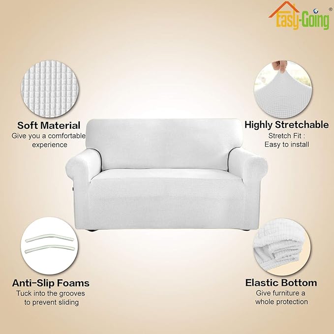 Easy-Going Stretch Oversized Sofa Slipcover 1-Piece Sofa Cover Furniture Protector Couch Soft with Elastic Bottom for Kids, Polyester Spandex Jacquard Fabric Small Checks Snow White