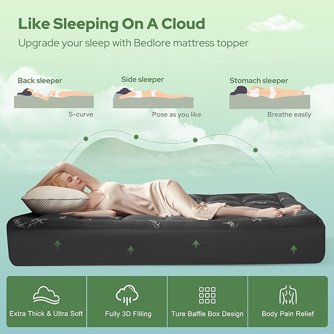 BEDLORE Full Size Mattress Topper Viscose Derived from Bamboo, Thick Pillow Top Mattress Pad with Stretchable Pockets for 6"-15" Mattress, Breathable Mattress Topper for Back Pain Relief(Dark Gray)